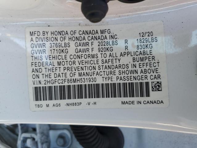 2HGFC2F86MH531930 - 2021 HONDA CIVIC SPORT WHITE photo 12