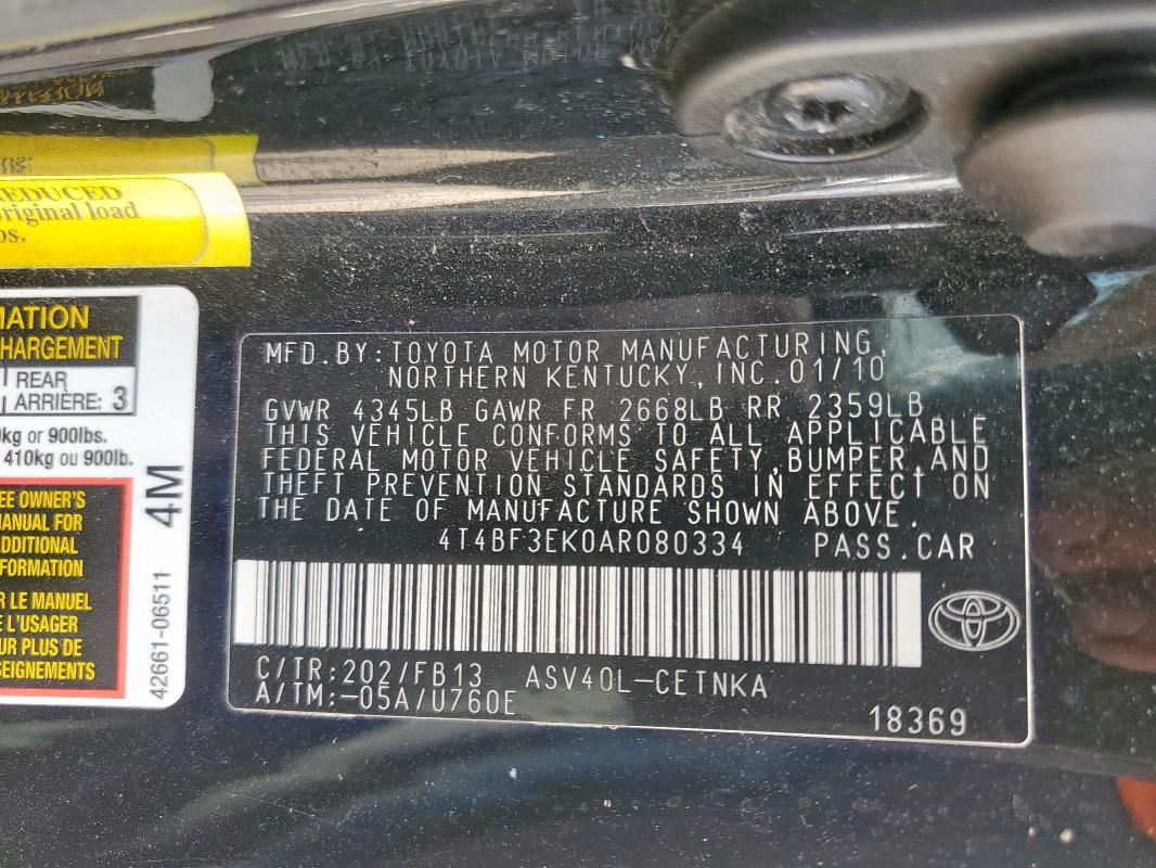 4T4BF3EK0AR080334 - 2010 TOYOTA CAMRY BASE შავი ფოტო 13