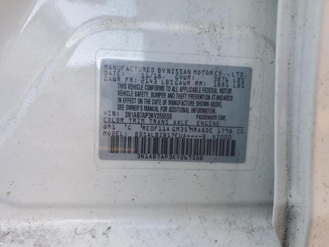 3N1AB7AP3KY269558 - 2019 NISSAN SENTRA S თეთრი ფოტო 12