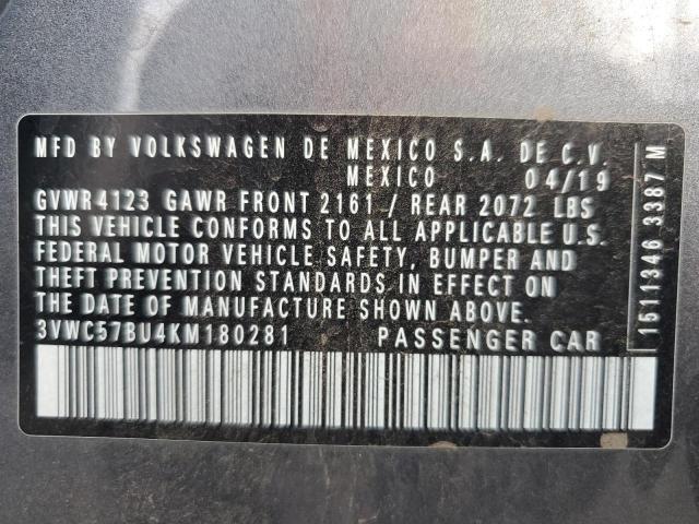 3VWC57BU4KM180281 - 2019 VOLKSWAGEN JETTA S Серый фото 12