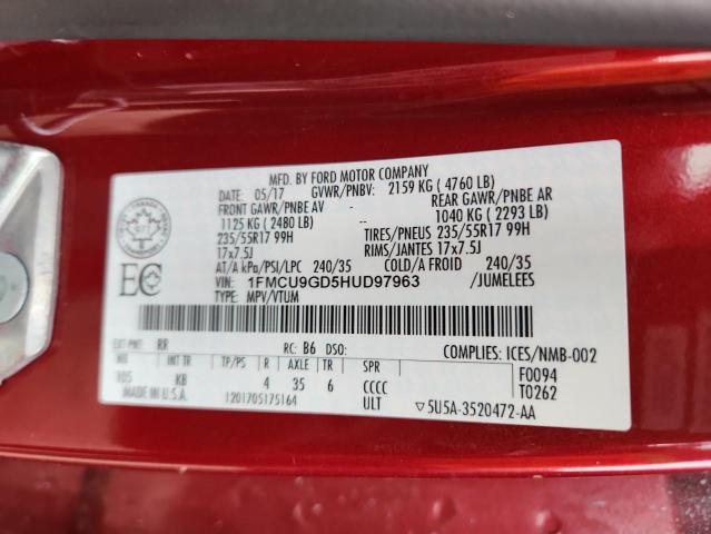 1FMCU9GD5HUD97963 - 2017 FORD ESCAPE SE 红色 照片 13