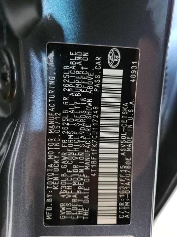 4T1BF1FK7CU117248 - 2012 TOYOTA CAMRY BASE GRAY photo 12