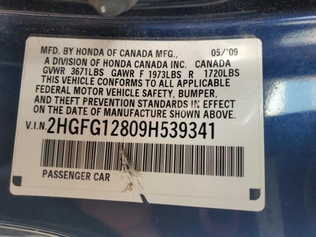 2HGFG12809H539341 - 2009 HONDA CIVIC EX BLUE photo 12