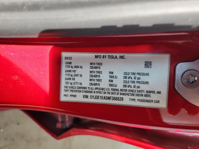5YJ3E1EA5NF368639 - 2022 TESLA MODEL 3 RED photo 12