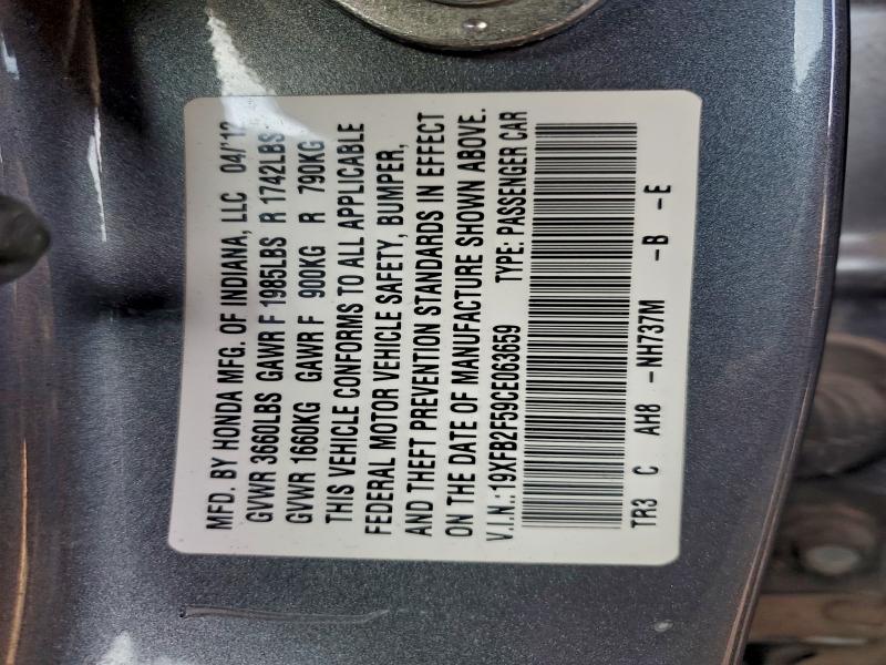 19XFB2F59CE063659 - 2012 HONDA CIVIC LX GRAY photo 12