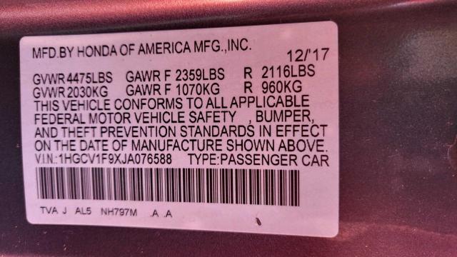 1HGCV1F9XJA076588 - 2018 HONDA ACCORD TOURING Մոխրագույն լուսանկար 10