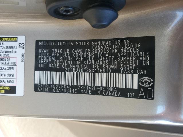 2T1BU40E99C116610 - 2009 TOYOTA COROLLA BASE GOLD photo 12