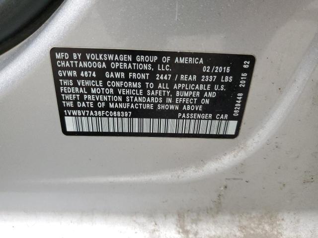 1VWBV7A36FC068397 - 2015 VOLKSWAGEN PASSAT SE 银色 照片 12