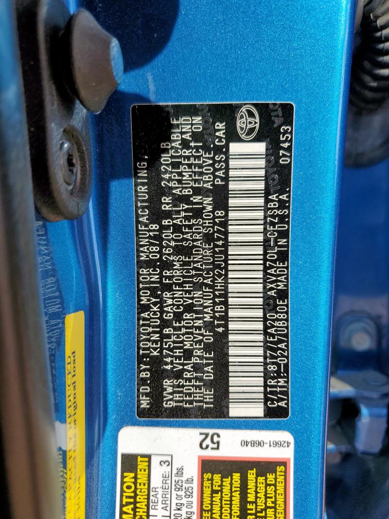 4T1B11HK2JU147718 - 2018 TOYOTA CAMRY L 蓝色 照片 12