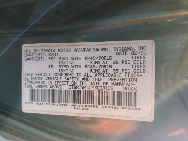 5TBRT3412YS063136 - 2000 TOYOTA TUNDRA ACCESS CAB ტალღისფერი ფოტო 12