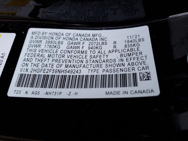 2HGFE2F59NH549243 - 2022 HONDA CIVIC SPORT Siyah fotoğraf 12