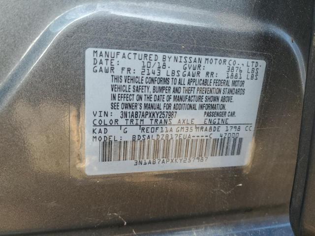 3N1AB7APXKY257987 - 2019 NISSAN SENTRA S 灰色 照片 12