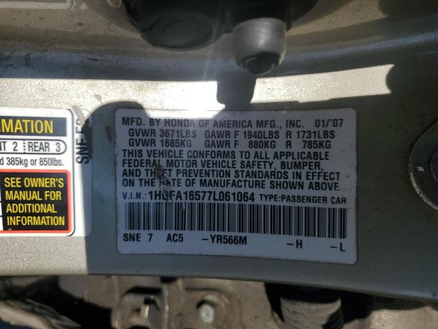 1HGFA16577L061064 - 2007 HONDA CIVIC LX GOLD photo 12