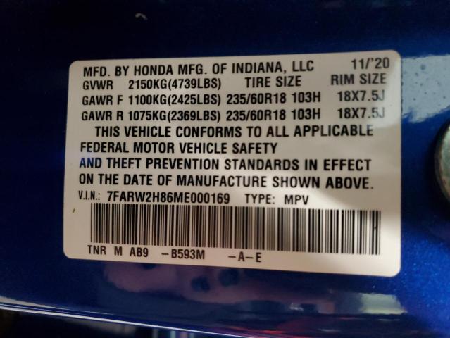 7FARW2H86ME000169 - 2021 HONDA CR-V EXL BLUE photo 12