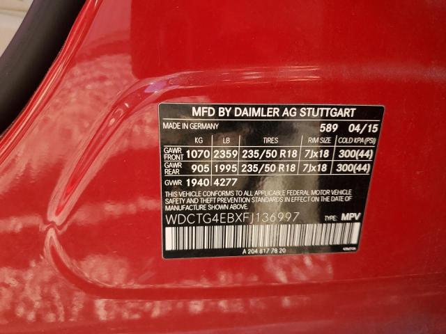 WDCTG4EBXFJ136997 - 2015 MERCEDES-BENZ GLA 250 红色 照片 12