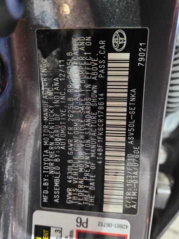 4T4BF1FK6CR178614 - 2012 TOYOTA CAMRY BASE CHARCOAL photo 13