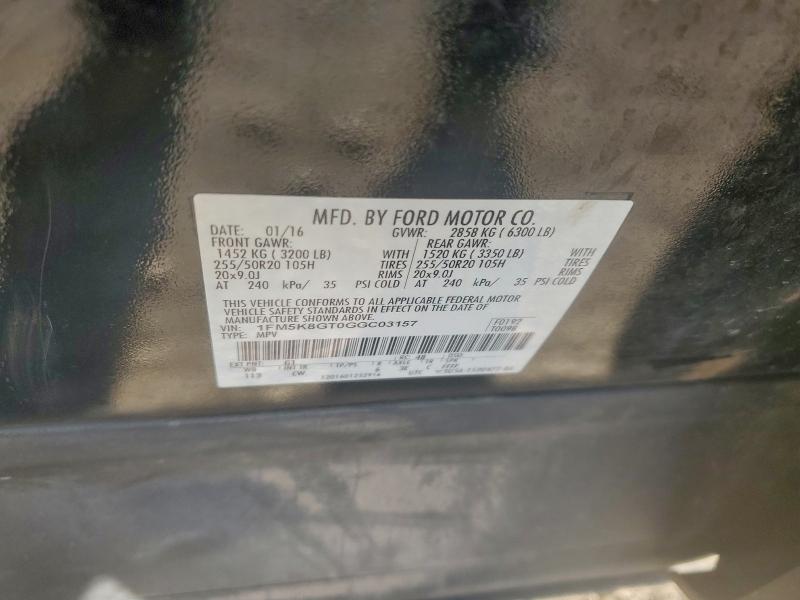 1FM5K8GT0GGC03157 - 2016 FORD EXPLORER SPORT أسود صورة 12