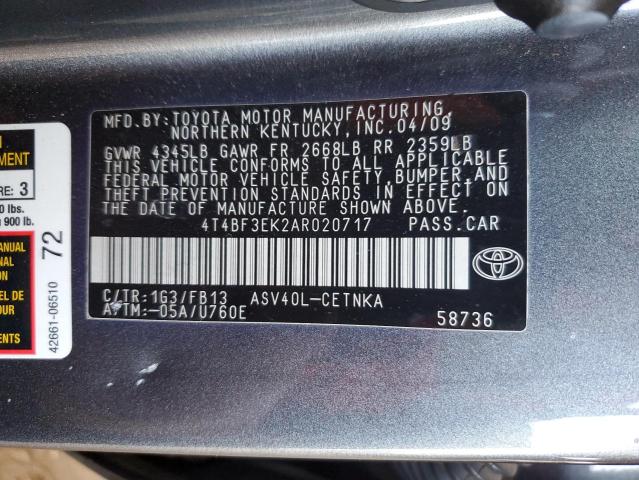 4T4BF3EK2AR020717 - 2010 TOYOTA CAMRY BASE GRAY photo 12
