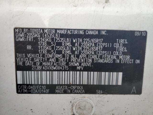 2T3BF4DVXBW084315 - 2011 TOYOTA RAV4 WHITE photo 12