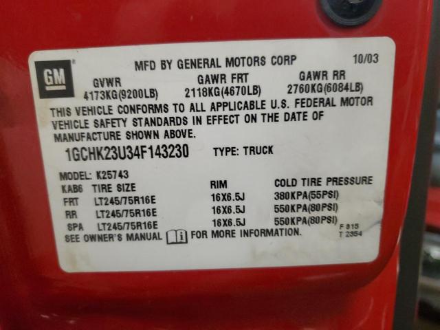 1GCHK23U34F143230 - 2004 CHEVROLET SILVERADO K2500 HEAVY DUTY RED photo 12