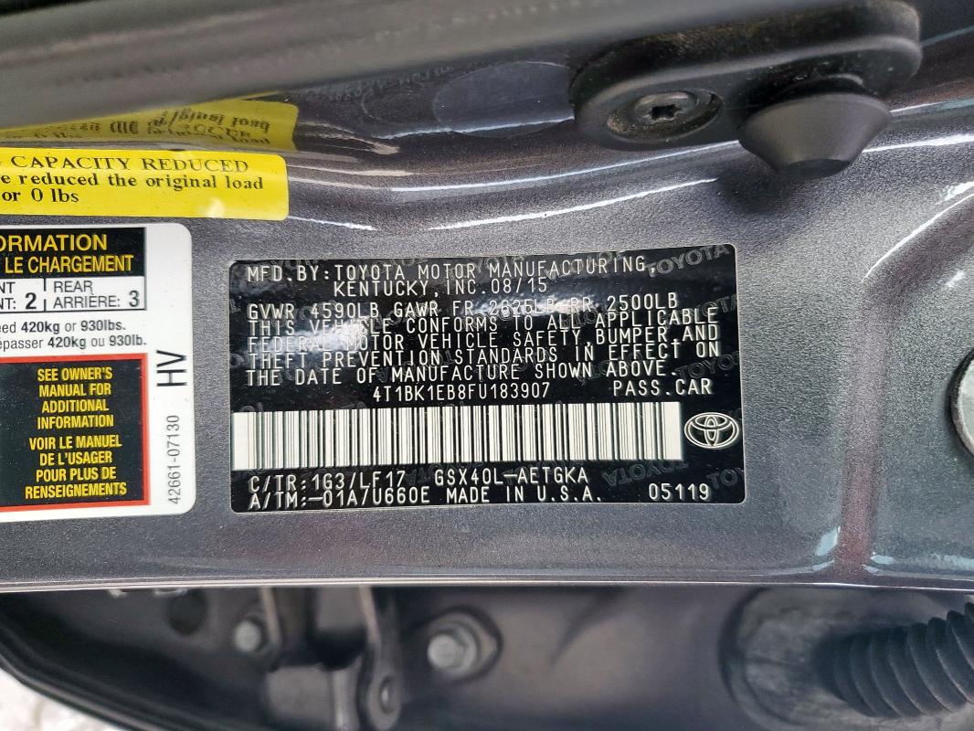 4T1BK1EB8FU183907 - 2015 TOYOTA AVALON XLE GRAY photo 12