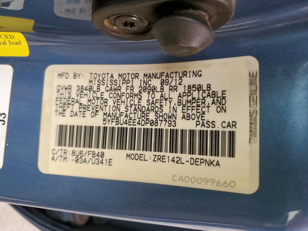 5YFBU4EE4DP087793 - 2013 TOYOTA COROLLA BASE Bleu photo 12