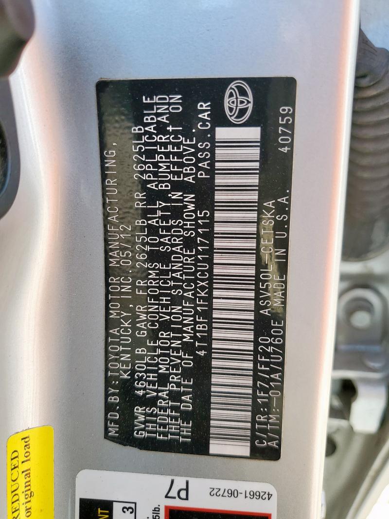 4T1BF1FKXCU117115 - 2012 TOYOTA CAMRY BASE 银色 照片 12