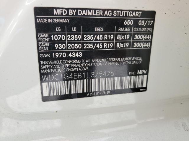 WDCTG4EB1JJ375475 - 2018 MERCEDES-BENZ GLA 250 Սպիտակ լուսանկար 14