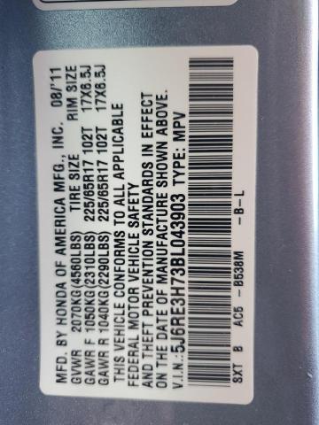 5J6RE3H73BL043903 - 2011 HONDA CR-V EXL ლურჯი ფოტო 12