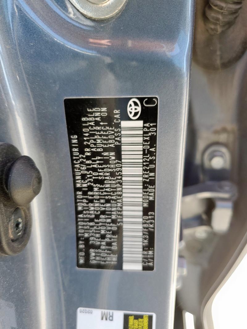 5YFEPMAE8NP345907 - 2022 TOYOTA COROLLA LE Boz foto 12