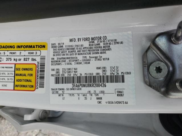 3FA6P0MU8KR200426 - 2019 FORD FUSION SEL თეთრი ფოტო 13