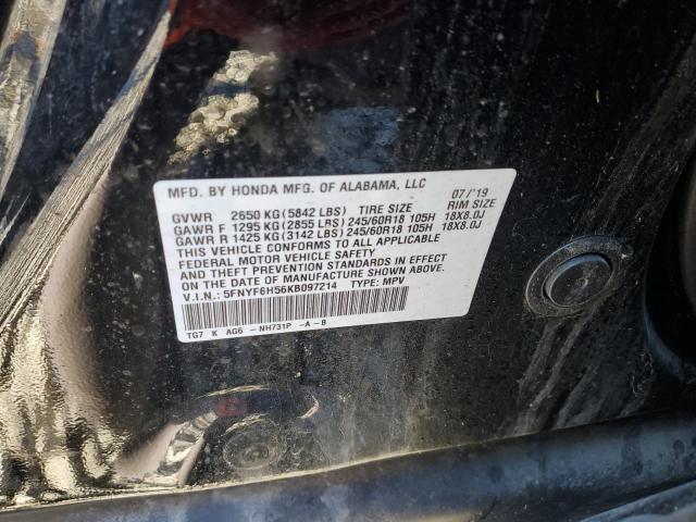 5FNYF6H56KB097214 - 2019 HONDA PILOT EXL შავი ფოტო 14