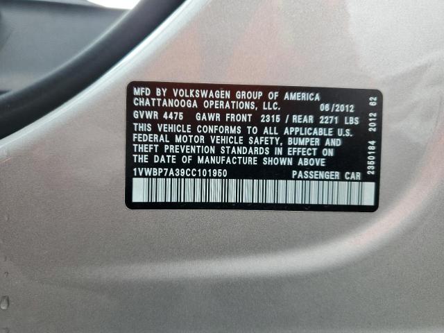 1VWBP7A39CC101950 - 2012 VOLKSWAGEN PASSAT SE SILVER photo 12