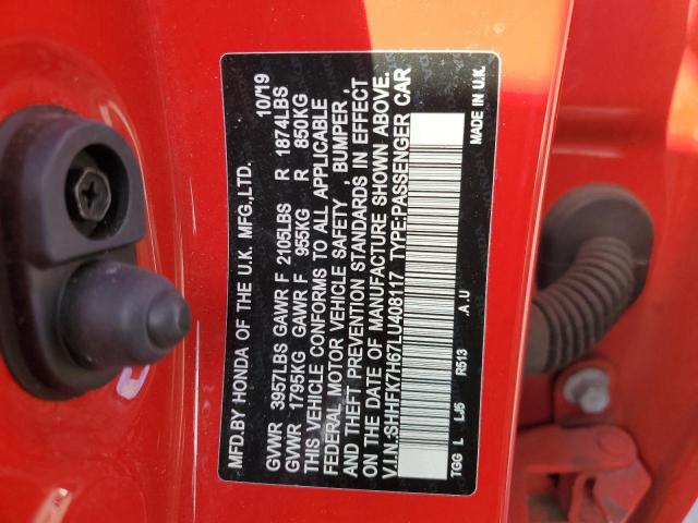 SHHFK7H67LU408117 - 2020 HONDA CIVIC EX RED photo 12