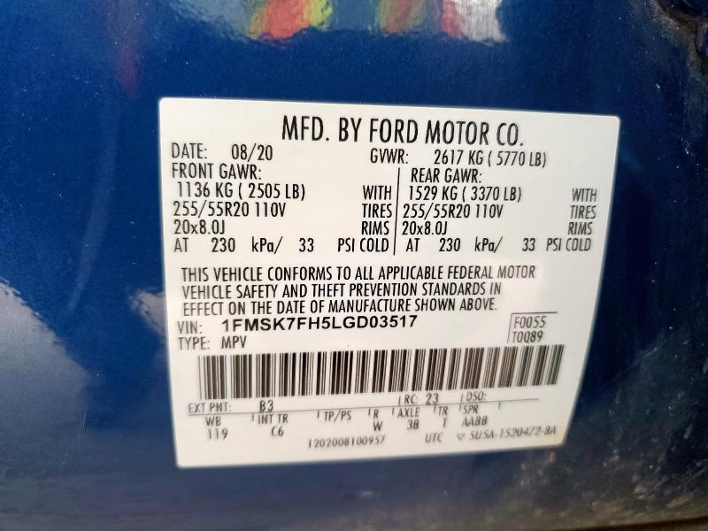 1FMSK7FH5LGD03517 - 2020 FORD EXPLORER LIMITED Կապույտ լուսանկար 13