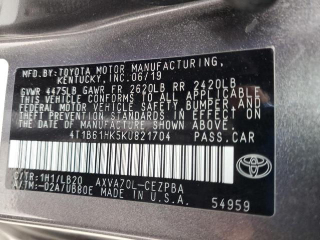 4T1B61HK5KU821704 - 2019 TOYOTA CAMRY XSE ნაცრისფერი ფოტო 13