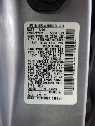 JN8DR09Y84W916075 - 2004 NISSAN PATHFINDER LE Gümüş foto 12