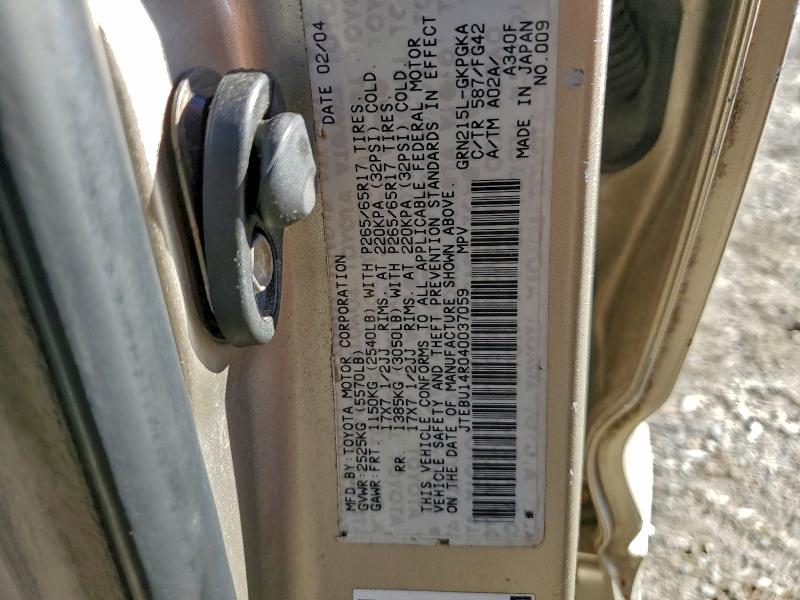 JTEBU14R040037059 - 2004 TOYOTA 4RUNNER SR5 GOLD photo 13