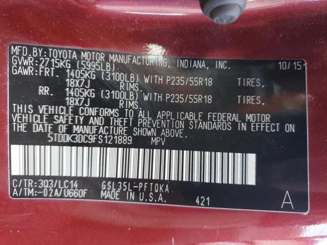 5TDDK3DC9FS121889 - 2015 TOYOTA SIENNA XLE მუქწითელი ფოტო 13