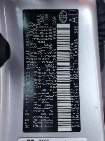 2T1BU40E09C123655 - 2009 TOYOTA COROLLA BASE 银色 照片 12