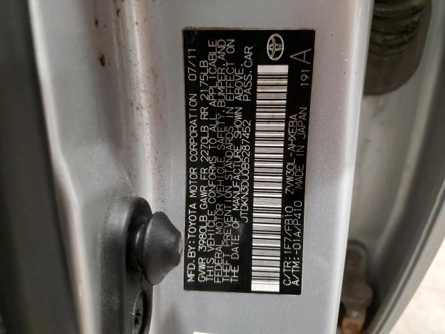 JTDKN3DU0B5287452 - 2011 TOYOTA PRIUS Argent photo 12