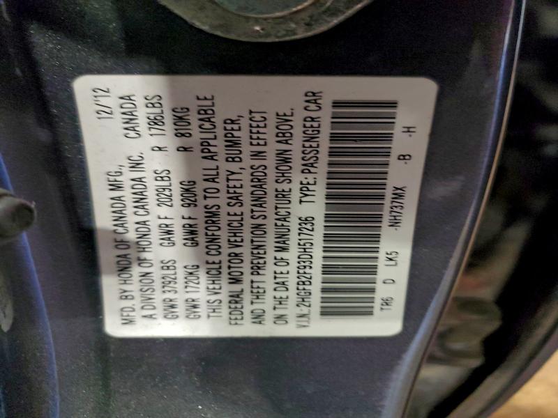 2HGFB2F93DH517236 - 2013 HONDA CIVIC EXL GRAY photo 12