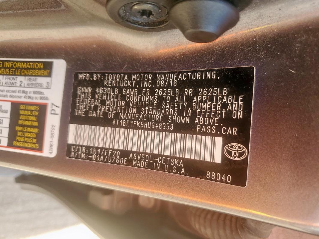 4T1BF1FK9HU648359 - 2017 TOYOTA CAMRY LE GRAY photo 12
