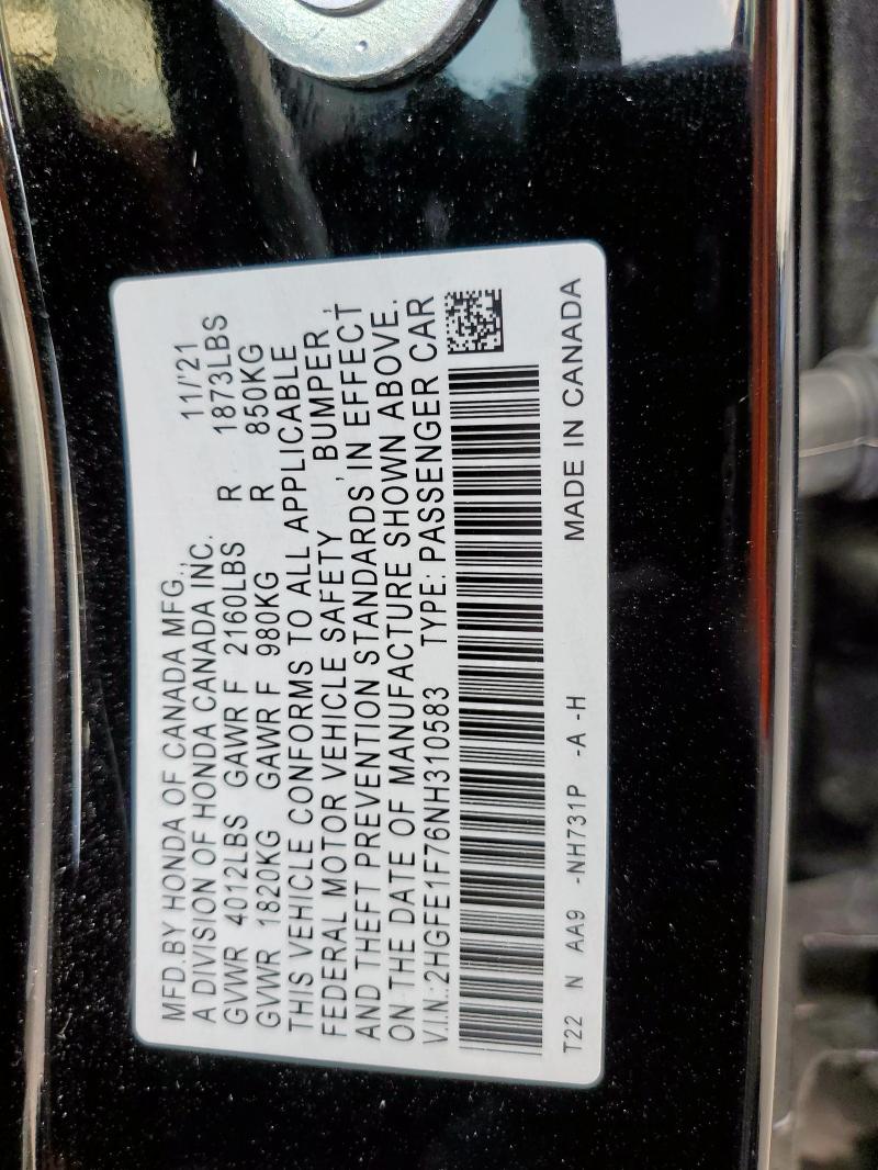 2HGFE1F76NH310583 - 2022 HONDA CIVIC EX 黑色 照片 13
