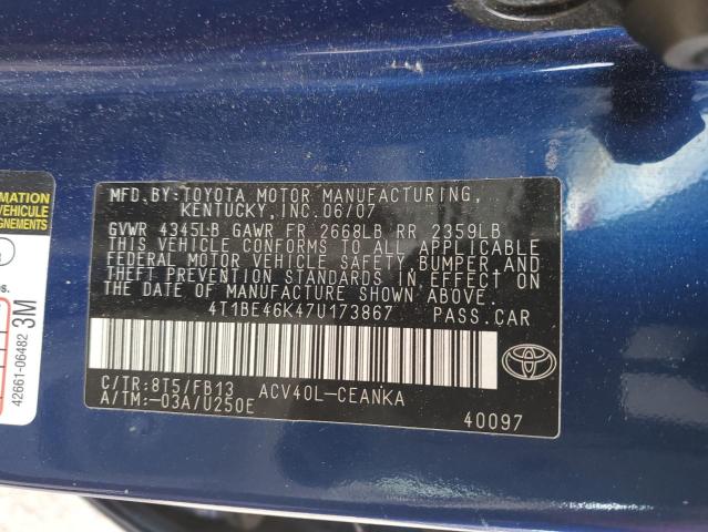 4T1BE46K47U173867 - 2007 TOYOTA CAMRY CE 蓝色 照片 12