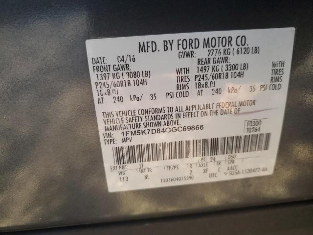 1FM5K7D84GGC69866 - 2016 FORD EXPLORER XLT GRAY photo 13