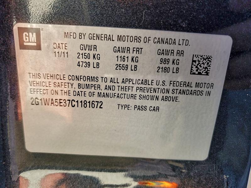 2G1WA5E37C1181672 - 2012 CHEVROLET IMPALA LS შავი ფოტო 12