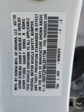 19XFC2F66LE011704 - 2020 HONDA CIVIC LX თეთრი ფოტო 12