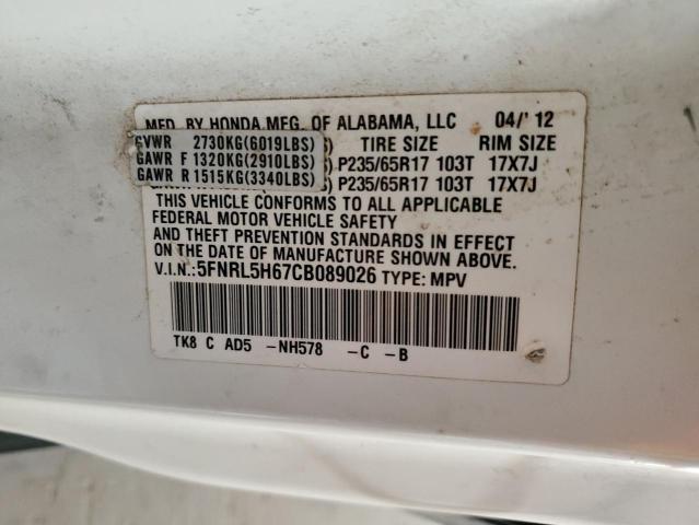 5FNRL5H67CB089026 - 2012 HONDA ODYSSEY EXL WHITE photo 13