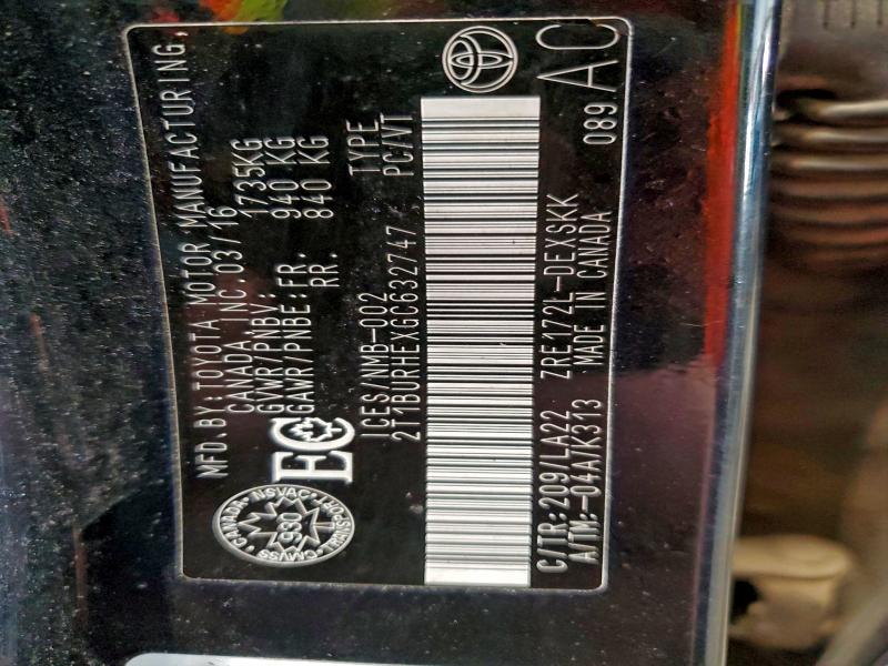 2T1BURHEXGC632747 - 2016 TOYOTA COROLLA L 黑色 照片 12